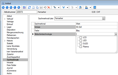 Sachmerkmale Artikel SelectLine